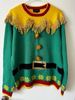 Source Unknown Green & Yellow Novelty Elf Sweater with Red Trim